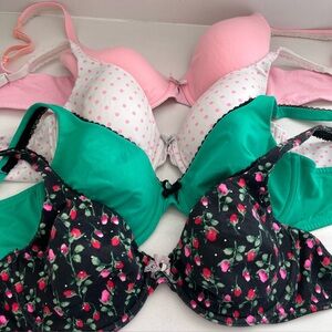 Victorias Secret 34D Bra Bundle Lined Underwire Green Black Pink Polka Dot Coral